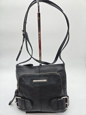 Franco Sarto Black Leather Buckle Accent Crossbody Bag Purse